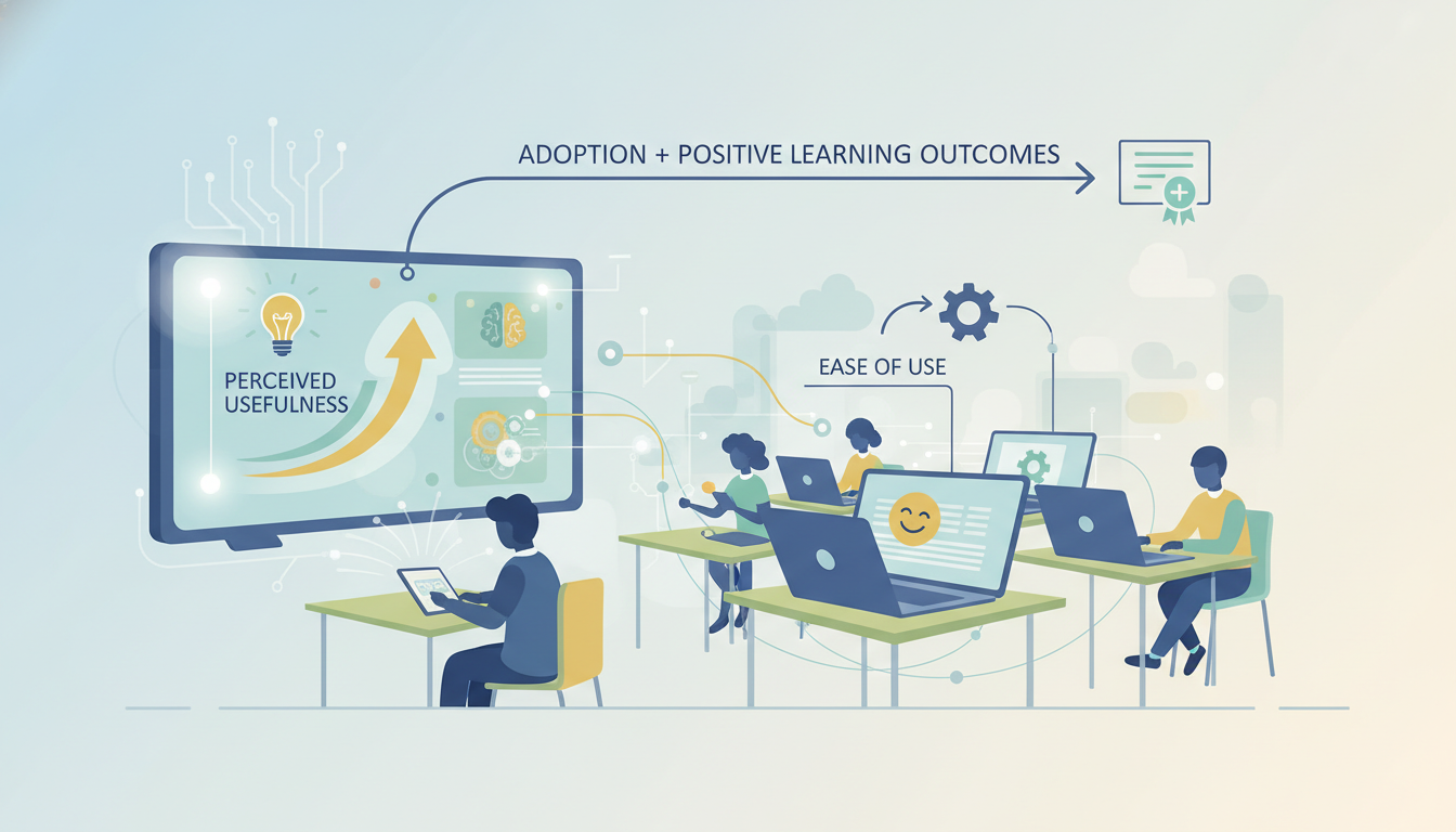 Unpacking Technology Acceptance Models in Education 1 Abstract illustration of technology acceptance models in education, featuring digital devices (tablets, laptops, smartboards) integrated into a modern classroom. Visually represent concepts like 'perceived usefulness' and 'ease of use' with subtle graphic elements. Focus on seamless integration and a positive learning environment. Conceptual, clean style.
