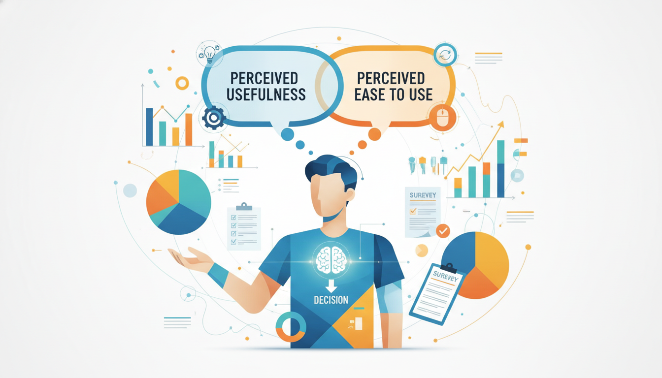 Unpacking Technology Acceptance Models in Education 2 Abstract depiction of a teacher making a rational decision, with thought bubbles showing 'Perceived Usefulness' and 'Perceived Ease of Use'. Surround them with stylized charts, graphs, and survey forms, symbolizing quantitative research and data analysis in education. Clean, modern, conceptual.