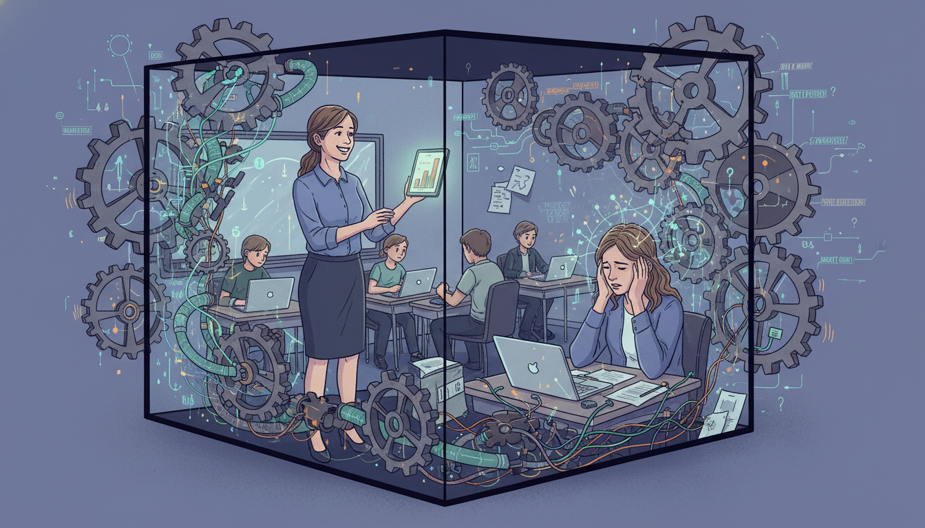 Unpacking Technology Acceptance Models in Education 3 Conceptual illustration representing the 'black box' of pedagogy, with a teacher using technology, but a hidden, complex internal process occurring that isn't captured by simple models. Show subtle elements of 'performative adoption' like a teacher smiling while looking at a superior, but with a different expression when alone. Include abstract gears, interconnected elements, and a stylized 'black box' around the classroom scene. Focus on the unseen complexities and pressures.