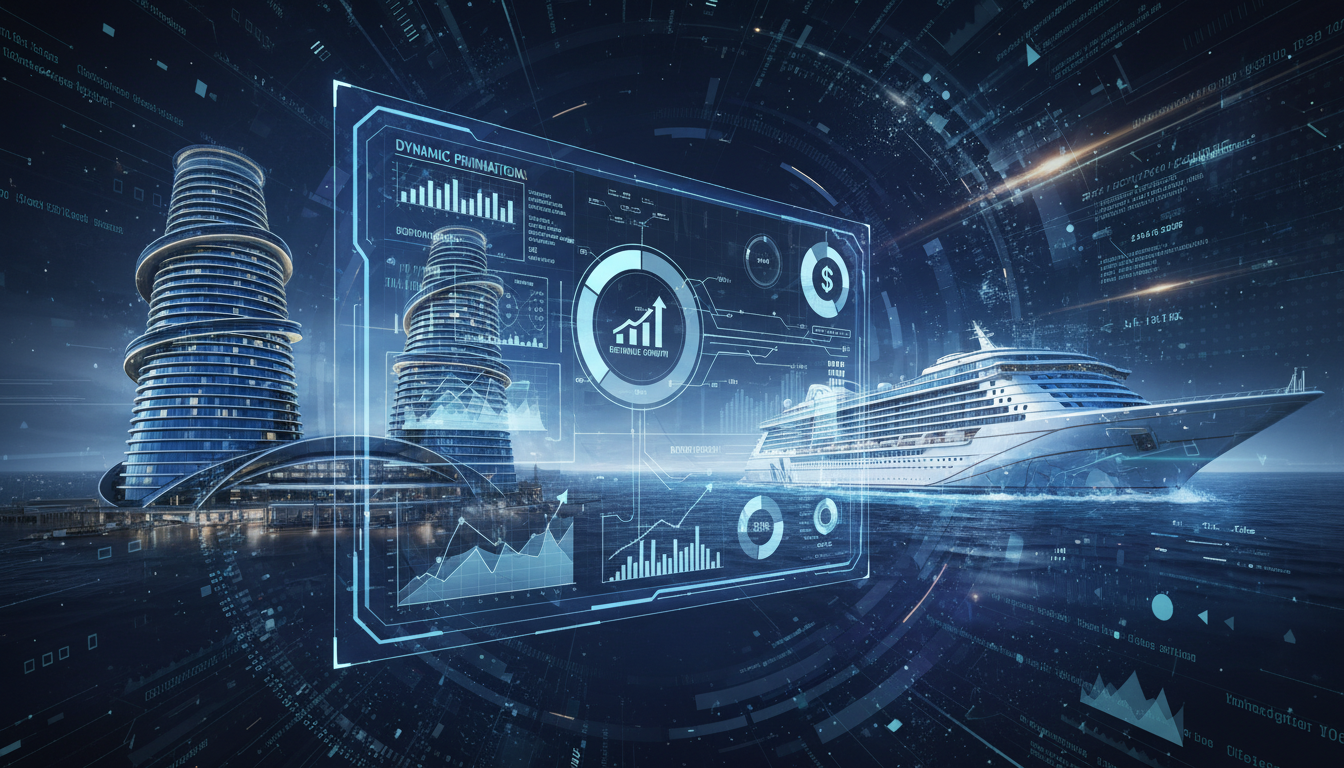 An abstract, futuristic image showing data analytics and strategic planning applied to tourism pricing. Elements like graphs, charts, and digital interfaces overlaying iconic travel destinations (e.g., a hotel facade, a cruise ship). Emphasize data flow, optimization, and financial growth in a dynamic, modern context.