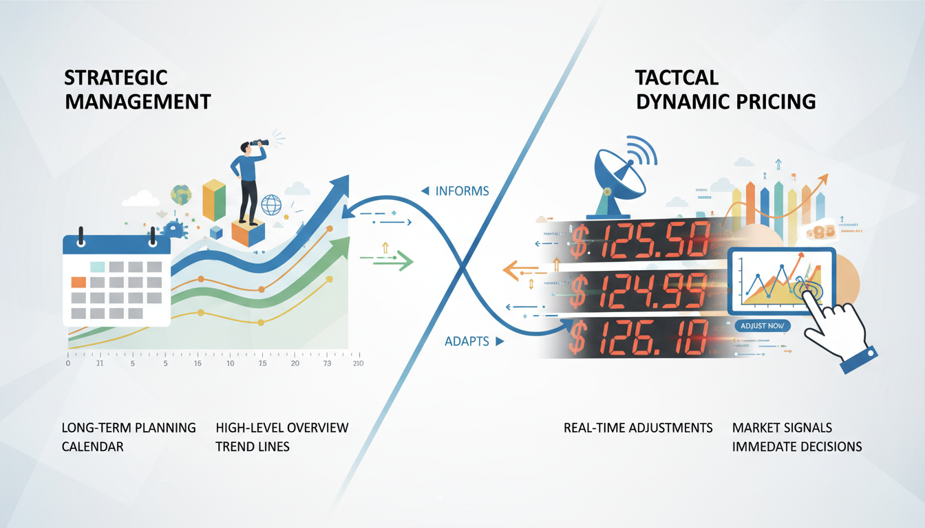 A split image or dual graphic representing the distinction between strategic revenue management (long-term planning, high-level overview, calendar, trend lines) and tactical dynamic pricing (real-time adjustments, fluctuating digital numbers, market signals, immediate decisions). Use a modern, clean aesthetic with connecting elements showing their relationship.