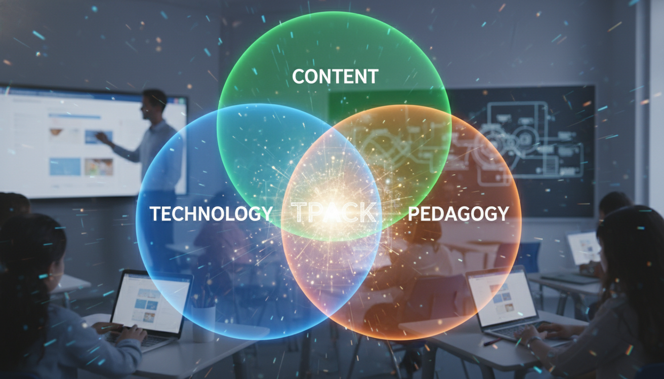 A vivid abstract representation of the TPACK framework, featuring three distinct, overlapping translucent spheres labeled 'Technology,' 'Pedagogy,' and 'Content,' creating a glowing central intersection. In the background, subtly blurred elements of a modern classroom with a teacher facilitating digital learning. Dynamic and conceptual.