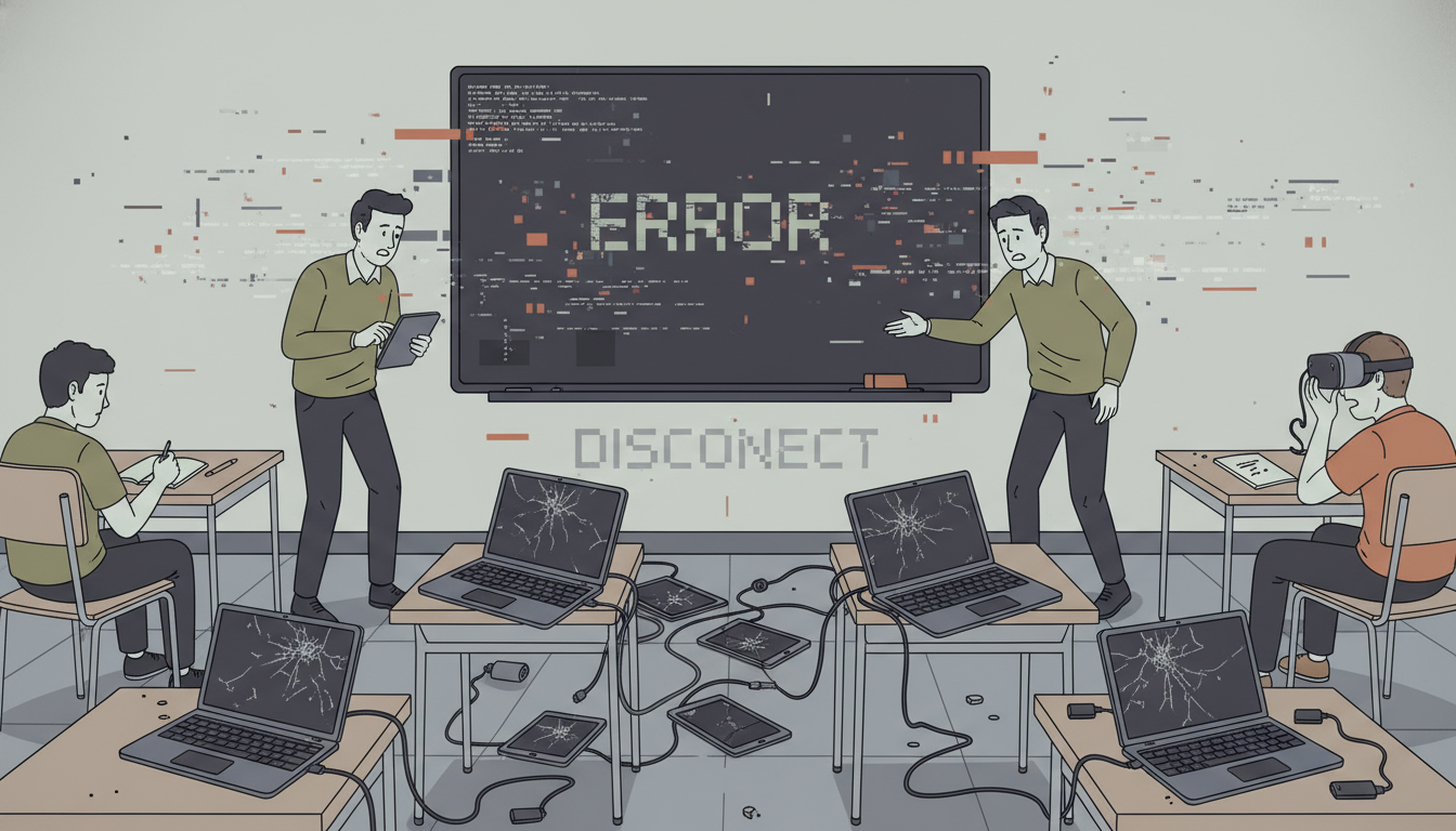 An abstract illustration depicting the concept of 'technocentrism' or technology failure in education. Imagine various digital devices (laptops, tablets, smartboards) scattered and unused or misused in a classroom setting, with frustrated teachers or disengaged students. Use a slightly muted color palette to convey disappointment or lack of success. Emphasize the disconnect between the technology and effective learning outcomes.