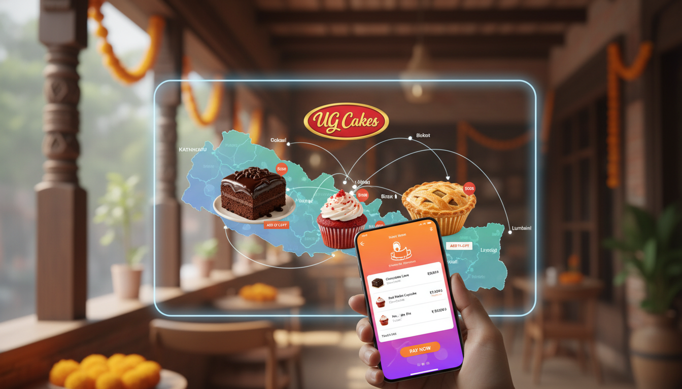 A modern digital interface displaying delicious baked goods from 'UG Cakes', with a subtle map of Nepal in the background showing delivery routes. The foreground features a smartphone screen with an e-commerce checkout page, blending technology with local Nepali cultural elements and vibrant colors, symbolizing growth and success in an emerging market.