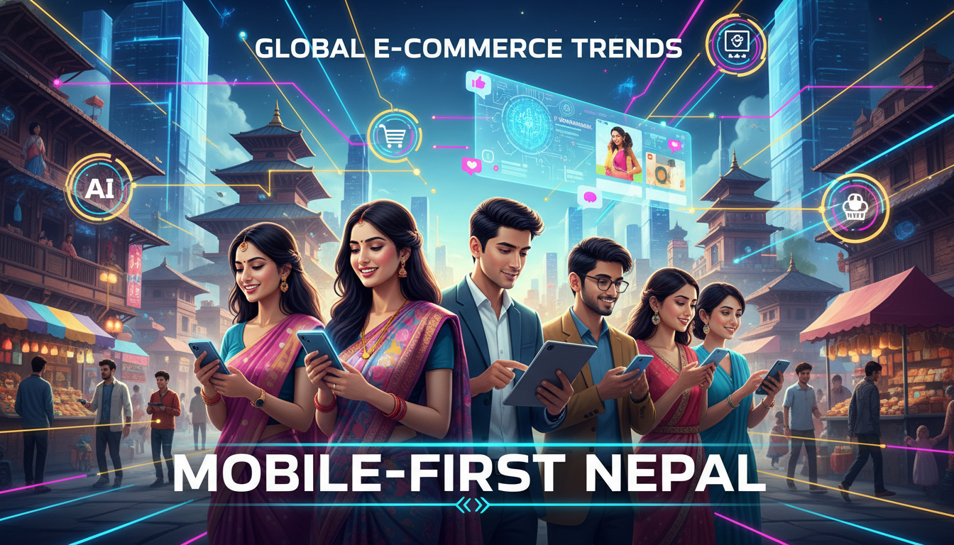 A vibrant illustration depicting interconnected global e-commerce trends (AI, omnichannel, social commerce) represented by abstract digital networks, with a clear focus on mobile devices being used by diverse individuals in a modern Nepali urban setting, symbolizing the 'mobile-first' leapfrog phenomenon. Bright and dynamic.
