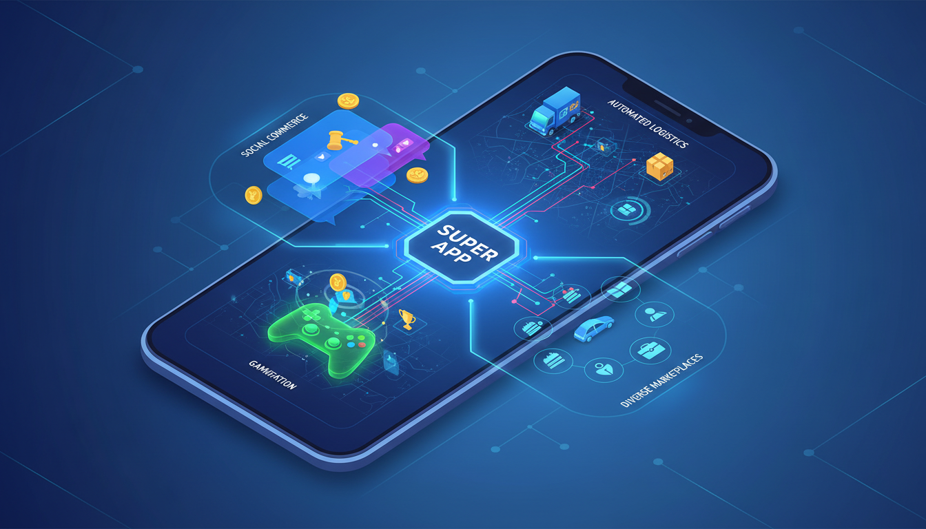 A dynamic infographic or illustration showcasing a 'Super App' interface, with distinct sections for social commerce (chat bubbles, auction icons), gamification (game controller, reward coins), automated logistics (delivery trucks with tracking lines), and diverse marketplaces (cake, car, job icons). The overall design should convey integration, user engagement, and efficiency in a modern digital style.