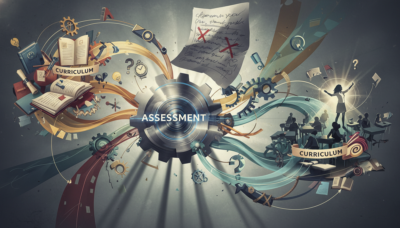 A conceptual image illustrating the interconnectedness and sometimes tension between assessment, curriculum, and teaching. Show a complex web or gear system, with assessment as a central, perhaps subtly distorting, force. Include elements like textbooks, a teacher guiding students, and a large, partially shadowed test paper. Emphasize both flow and potential constraint. Dynamic, slightly abstract, educational focus.
