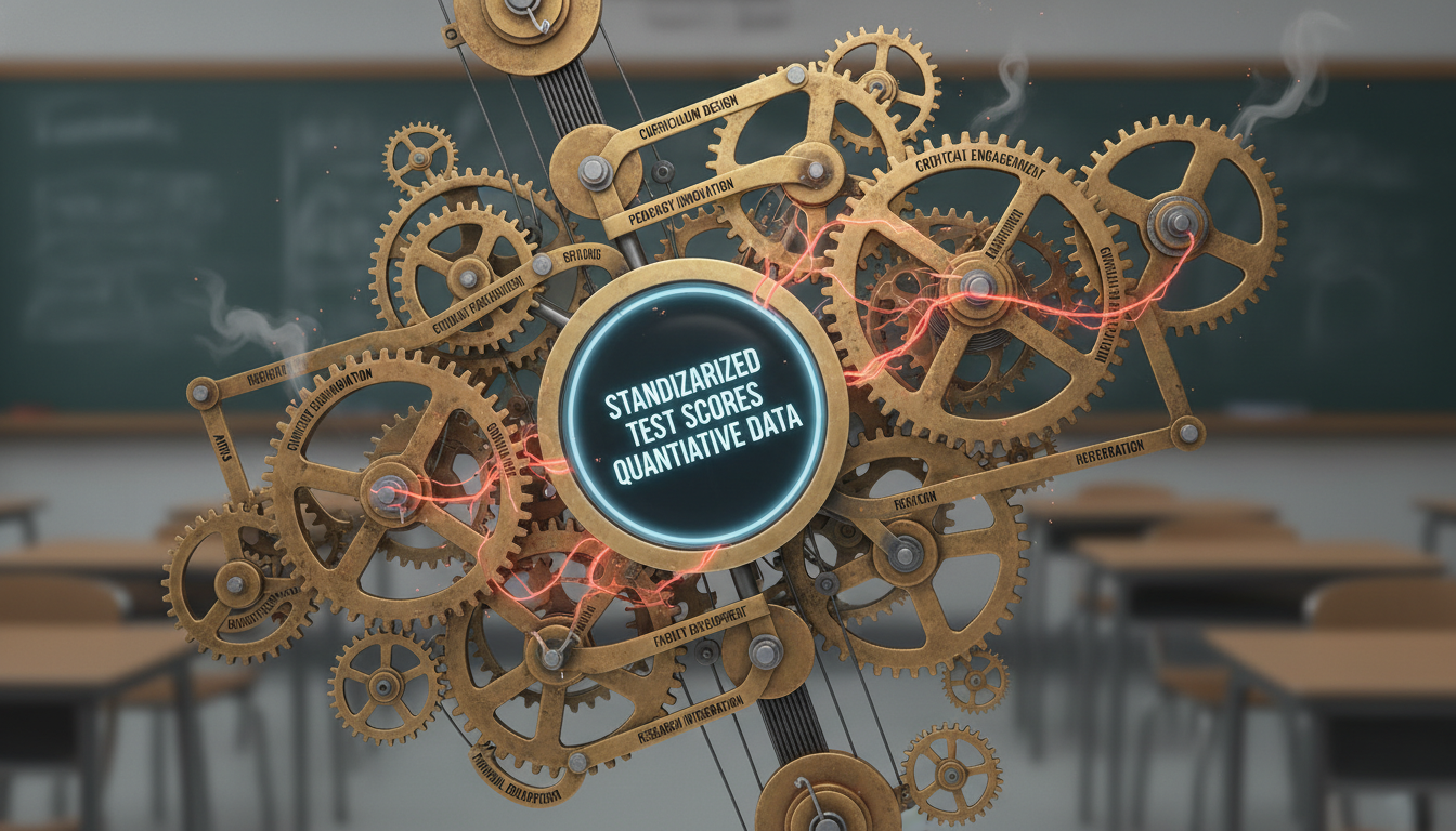 A visual metaphor for Campbell's Law in education. Show a complex, interconnected system of gears and levers representing education (curriculum, teaching, learning). A large, stylized 'test score' or 'data' indicator is placed at the center, subtly twisting and distorting the gears, causing some to malfunction or change direction. The overall feeling should be one of systemic corruption or misdirection due to over-reliance on a single metric. Abstract, professional, educational.