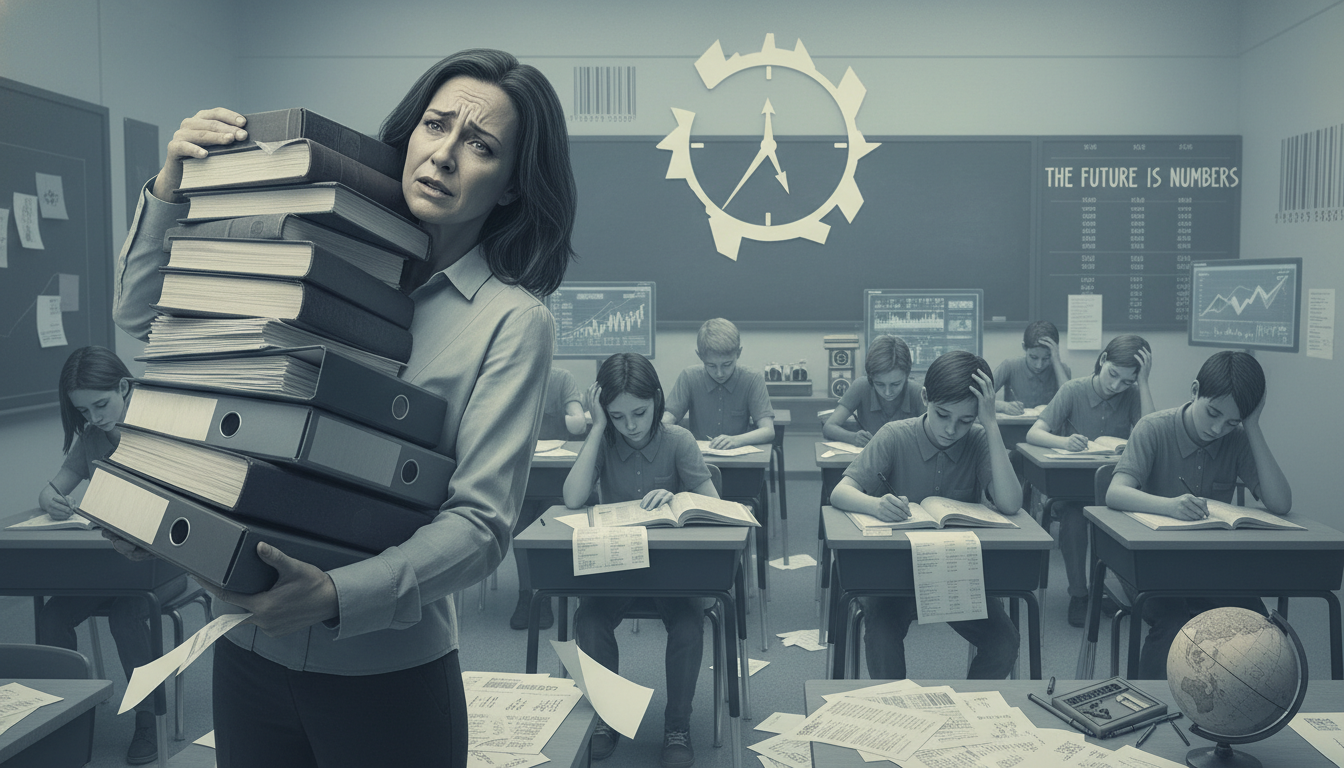 A conceptual image depicting the psychological toll of high-stakes testing on teachers and students. Show a teacher with a strained expression, juggling multiple textbooks and reports, looking overwhelmed. In the background, students appear stressed or robotic, sitting at desks filled with test papers. Use muted, slightly anxious colors. The image should convey pressure, burnout, and a loss of joy in the learning environment. Educational, evocative, symbolic.