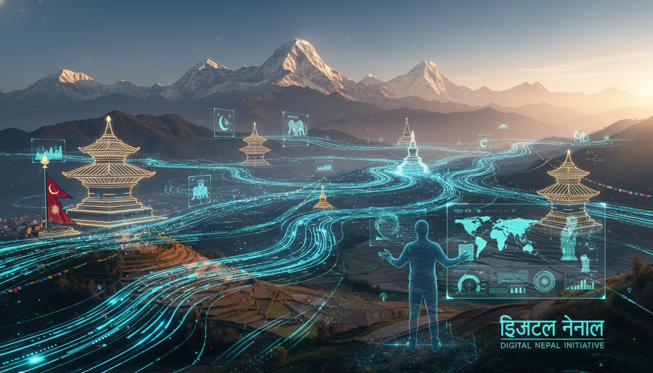 A futuristic digital overlay on a panoramic view of Nepal's landscape with mountains and traditional elements, symbolizing digital transformation intersecting with national identity. Include data streams, network connections, and a subtle silhouette of a person interacting with a digital interface in the foreground.