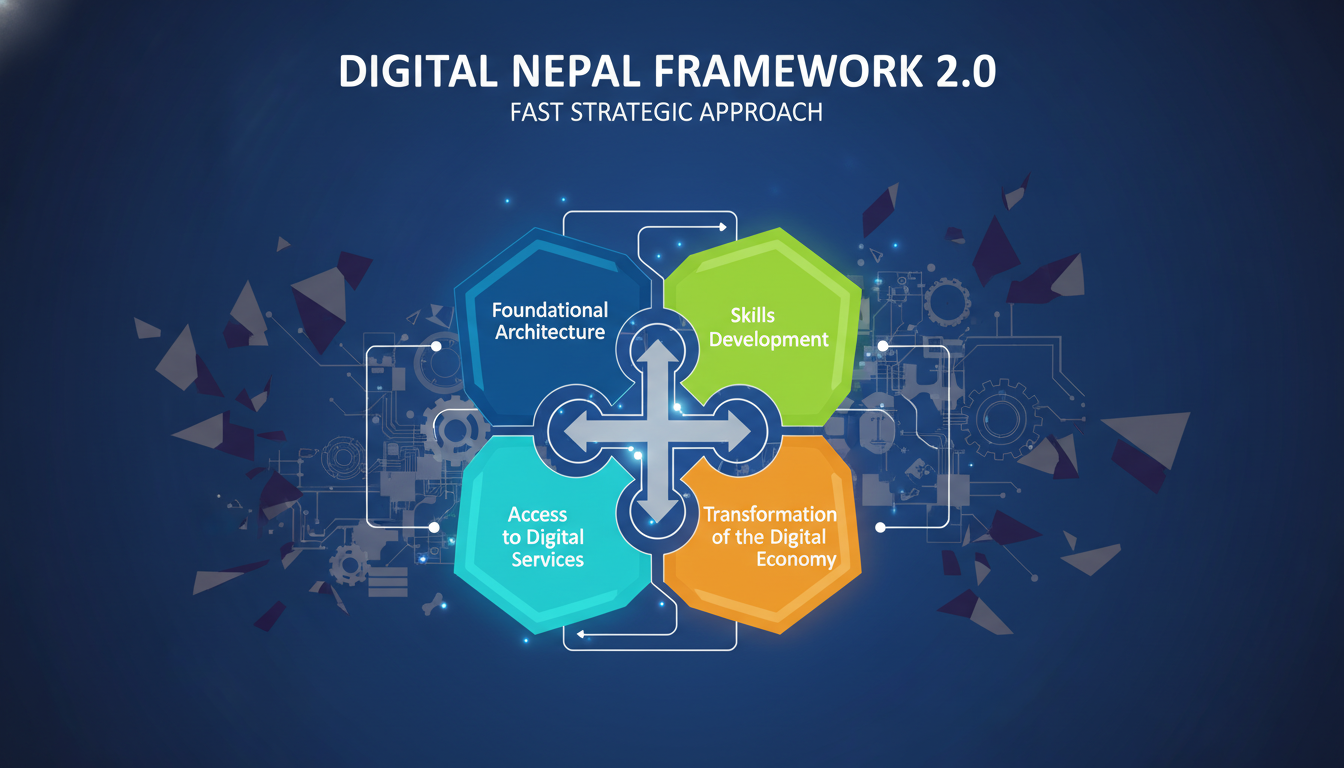 A visually striking diagram or abstract representation of the 'FAST' strategic approach (Foundational architecture, Access to digital services, Skills development, Transformation of the digital economy) for Digital Nepal Framework 2.0, perhaps with interconnected gears or building blocks, symbolizing a well-structured and integrated system, in contrast to a fragmented, siloed background. Use a modern, clean design.