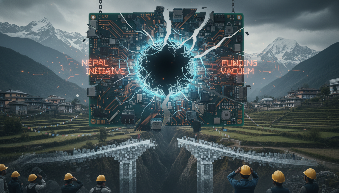 A visual metaphor depicting financial challenges and a funding vacuum for a digital transformation project in Nepal. Show broken digital connections or a large, empty void where a substantial funding source should be, set against a backdrop of Nepal's development. Elements could include a cracked digital circuit board or a bridge with a missing section, emphasizing the loss of a major investment.