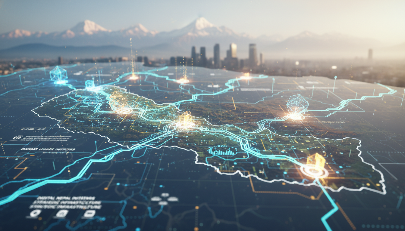Digital Nepal Framework 2.0 Research & Analysis: Nepal's Digital Future 1 A futuristic digital network overlaying a subtle map of Nepal, with glowing data streams, abstract geometric shapes, and a blurred cityscape or mountain range in the background. Emphasize digital transformation, economic growth, and strategic planning. Bright, optimistic lighting.