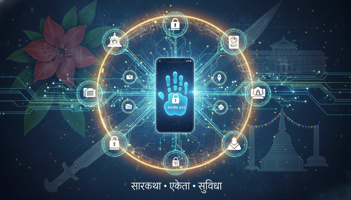 Digital Nepal Framework 2.0 Research & Analysis: Nepal's Digital Future 2 An abstract representation of digital identity and interconnected government services, featuring a biometric scan, a secure smartphone app interface, and glowing data streams linking various government agency icons, with a subtle backdrop of Nepalese cultural elements. Emphasize security, unity, and ease of access.