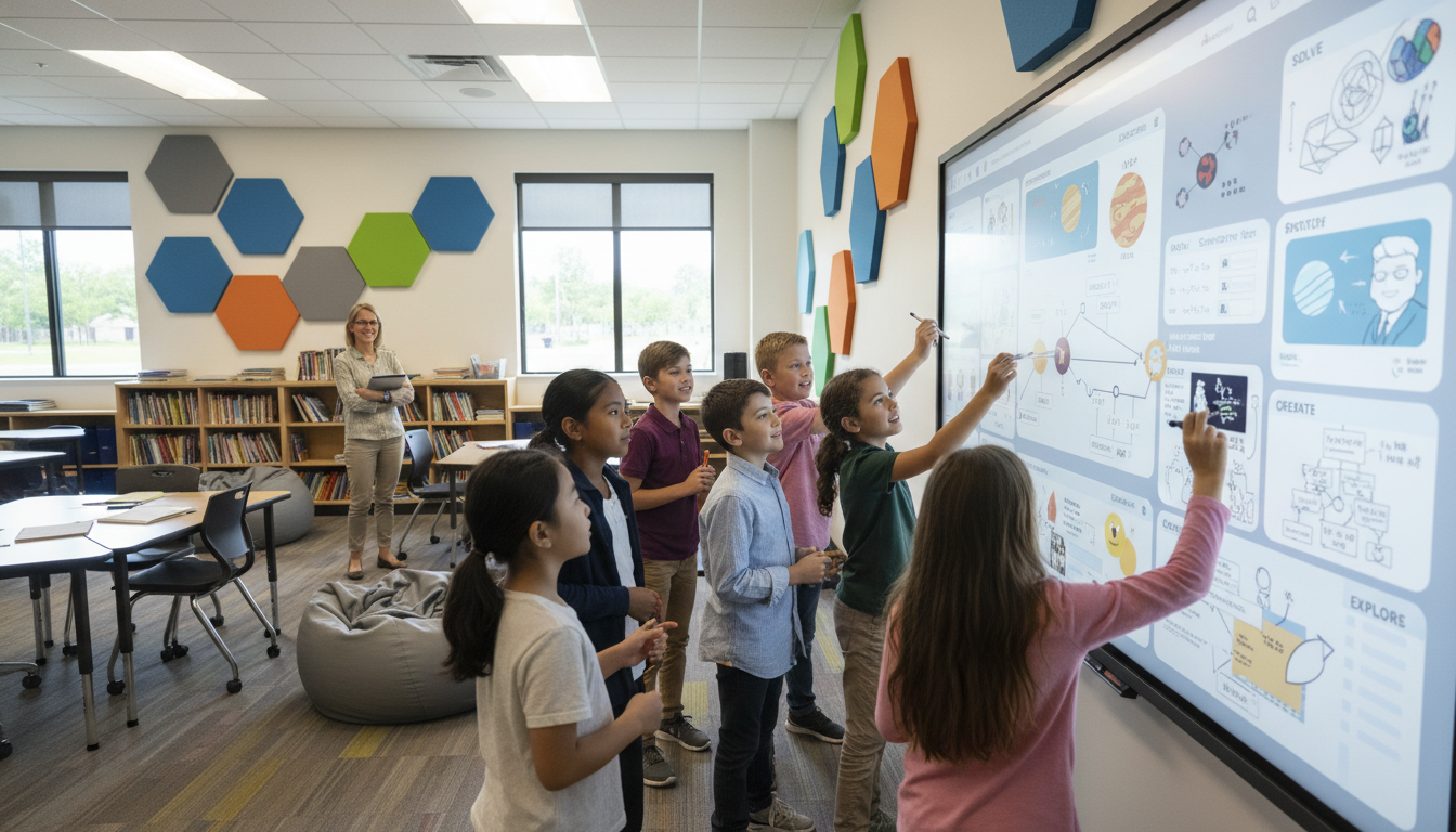 A diverse group of K-12 students actively collaborating around a large interactive smart board, which serves as a dynamic workspace. They are drawing diagrams, writing ideas, and manipulating digital content with their hands. The classroom is modern and vibrant, reflecting a shift from traditional lecture to active, student-centered learning. The teacher is observing from a distance, facilitating rather than leading.