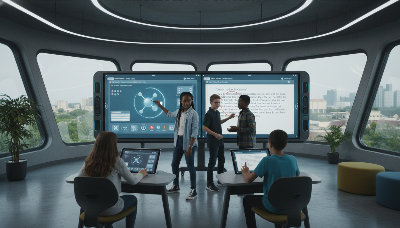 A dynamic scene in a modern classroom where several students are actively engaged in gamified learning or a collaborative presentation on a large interactive smart board. One student is using the multi-touch display to drag elements in a science simulation, while another student is annotating a literary text directly on the screen. Other students are watching intently or working on their own mirrored devices, with their content potentially displayed on a split screen. The atmosphere is energetic and focused, showcasing technology-enhanced in-class activities.