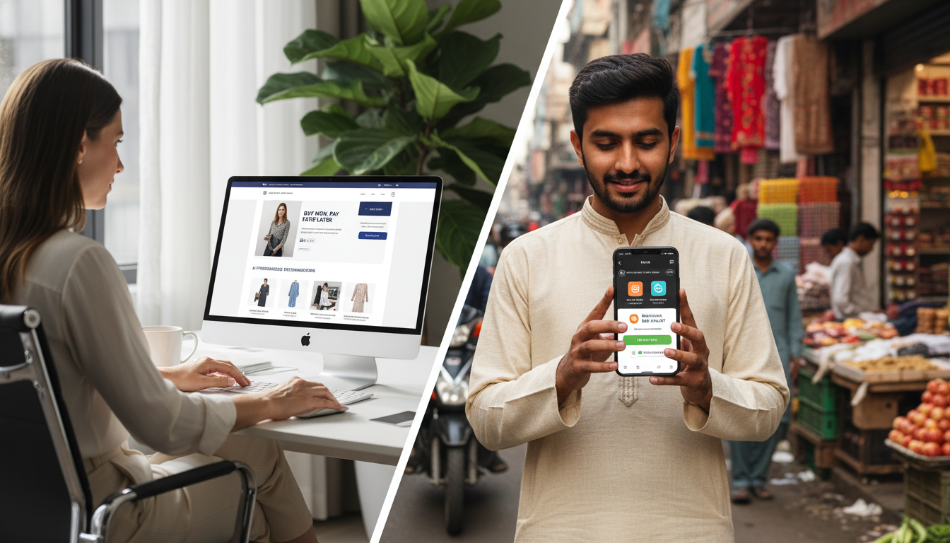 Hamrobazaar Case Study: Nepal E-commerce Strategic Analysis 2 A split image showing two distinct e-commerce scenes. On the left, a modern Western e-commerce user interacting with a sleek website on a desktop or laptop, representing mature markets with features like 'Buy Now, Pay Later' (BNPL) or AI personalization. On the right, a vibrant South Asian user on a mobile phone, possibly in a bustling traditional market setting, highlighting the 'mobile-first' adoption, digital wallets, and cash-on-delivery. The image should visually contrast the two e-commerce trajectories and market characteristics.