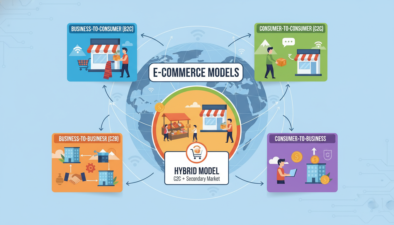 Hamrobazaar Case Study: Nepal E-commerce Strategic Analysis 3 An infographic-style illustration showcasing different e-commerce models: Business-to-Consumer (B2C), Consumer-to-Consumer (C2C), Business-to-Business (B2B), Consumer-to-Business (C2B), and a prominent 'Hybrid Model'. Visually represent each model with simple, distinct scenes or icons (e.g., a storefront for B2C, two individuals exchanging items for C2C, office buildings for B2B). The Hybrid model should visually combine elements of C2C and B2C, perhaps with a focus on the secondary market aspect. The overall style should be clean, informative, and reflect a global digital commerce context with subtle Nepalese market hints.
