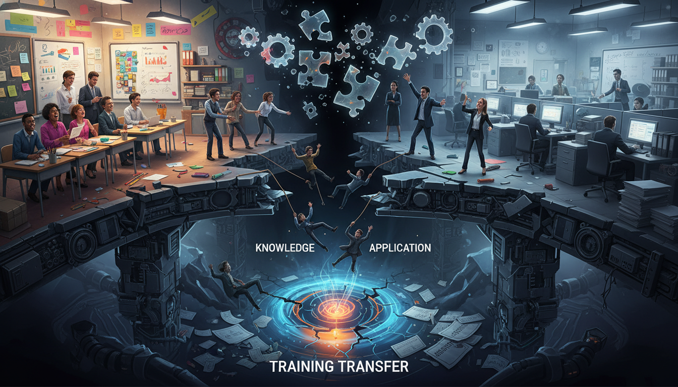 Boost Professional Development Quality: Close the Knowing-Doing Gap 1 A broken bridge connecting a vibrant classroom on one side to a bustling corporate office on the other, symbolizing the 'Knowing-Doing Gap' and the failure of training transfer in professional development. People look frustrated trying to cross. High detail, symbolic art style.