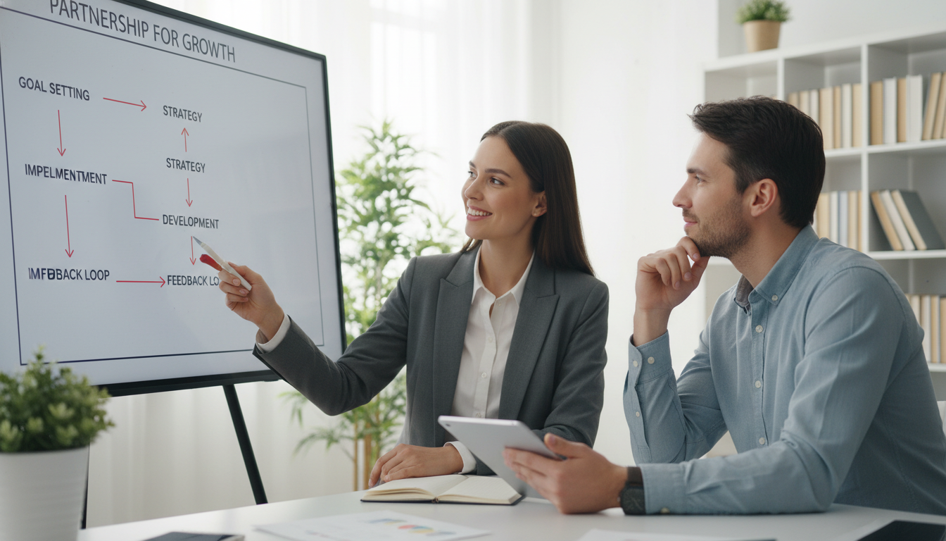 Boost Professional Development Quality: Close the Knowing-Doing Gap 3 Two professionals (a coach and a coachee) in a collaborative and supportive coaching session. They are actively engaged in a dialogue, with positive body language, using a whiteboard or tablet to visualize a strategy. One is pointing to a diagram, the other is nodding in understanding. Represents effective instructional coaching, partnership, and continuous improvement in professional development.