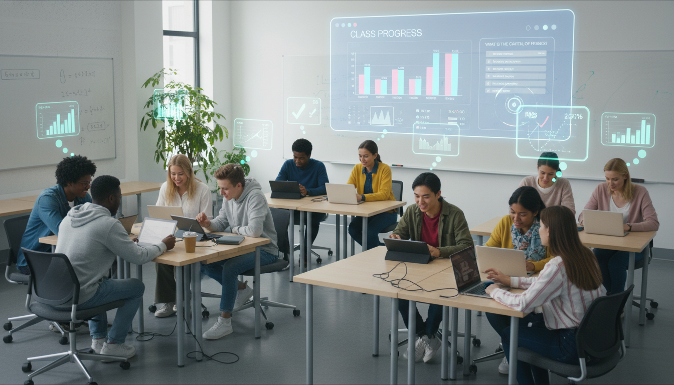 Diverse students actively engaged in an interactive quiz on tablets or laptops within a modern classroom, with digital elements like data graphs and glowing thought bubbles symbolizing real-time feedback and enhanced understanding. Bright, collaborative atmosphere, focus on educational technology.