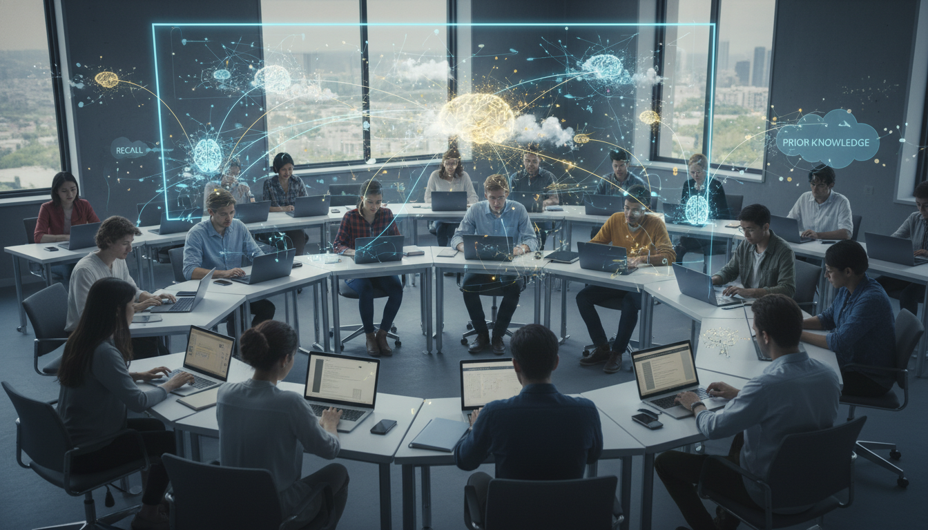 Students in a modern classroom setting, each individually focused on a tablet or laptop, with subtle digital overlays illustrating neural connections strengthening and information being retrieved. The atmosphere is quiet but highly engaged, symbolizing the cognitive science of retrieval practice and active learning.