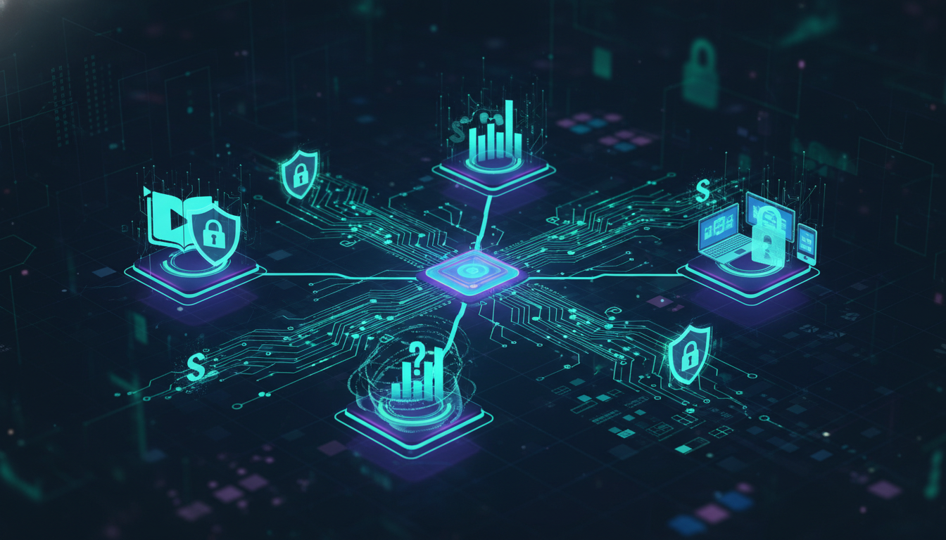 Abstract visual representing seamless and secure data integration between various educational platforms, including a learning management system (LMS) icon, interactive polling tools, and student devices. Digital security symbols like locked shields and encrypted data streams emphasize data privacy and interoperability.