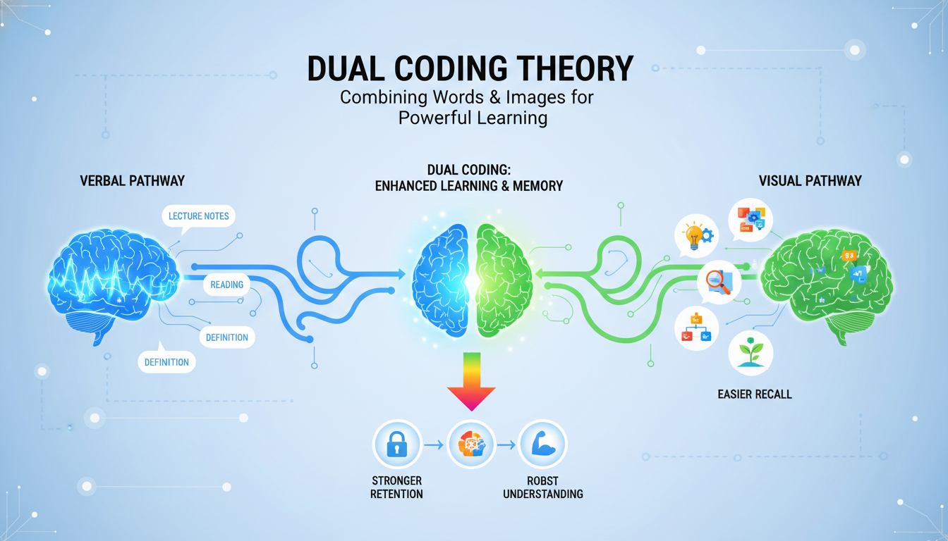 A visually engaging infographic or stylized illustration depicting the concept of Dual Coding Theory. Show two distinct but interconnected brain regions or pathways, one for verbal information (e.g., words, text) and another for visual information (e.g., images, diagrams). Illustrate how combining both pathways leads to a stronger, more robust memory and enhanced learning. Use clear, modern graphics and an educational tone.