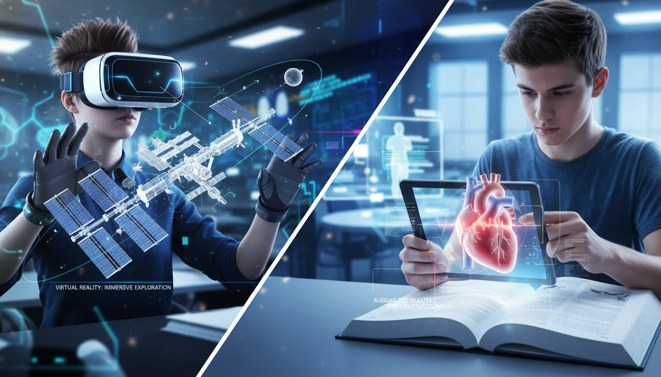 A dynamic composite image showcasing both Virtual Reality (VR) and Augmented Reality (AR) in an educational context. On one side, a student wearing a sleek VR headset explores a realistic 3D model of the International Space Station or a human circulatory system, with virtual elements clearly visible. On the other side, another student uses a tablet or smartphone to view an AR overlay of a beating heart or a complex machine part superimposed onto a physical object or textbook, demonstrating interactive manipulatives. Focus on the cutting-edge technology enhancing hands-on, immersive learning experiences. Bright, futuristic aesthetic.
