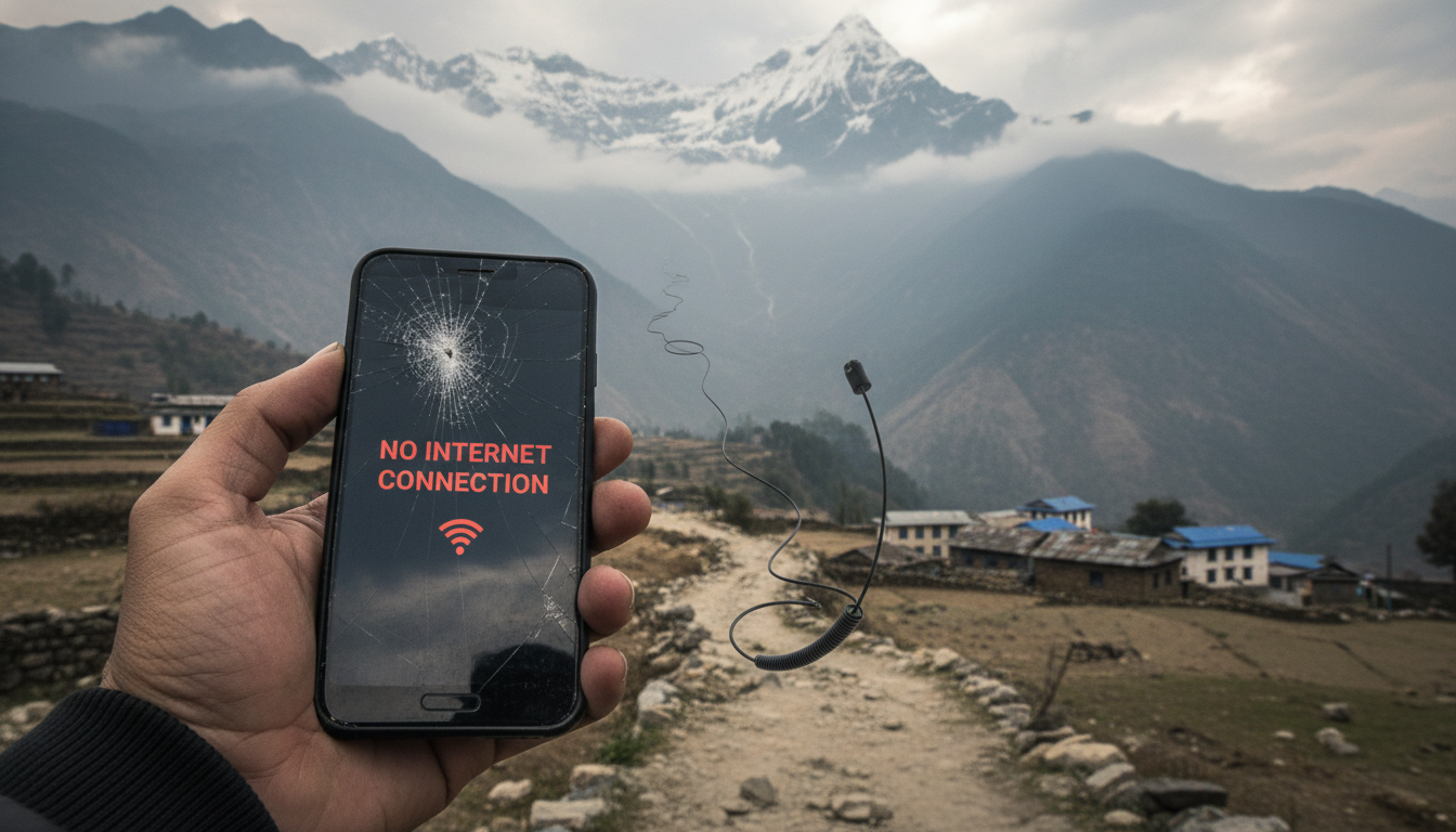 A cracked smartphone screen displaying a 'No Internet Connection' error, held by a hand in a rural Nepalese village. In the background, majestic but rugged Himalayan mountains loom, with a faint, seemingly modern fiber optic cable snaking through the challenging terrain, suggesting broken promises of digital connectivity. Emphasize the contrast between advanced tech and unreliable service.