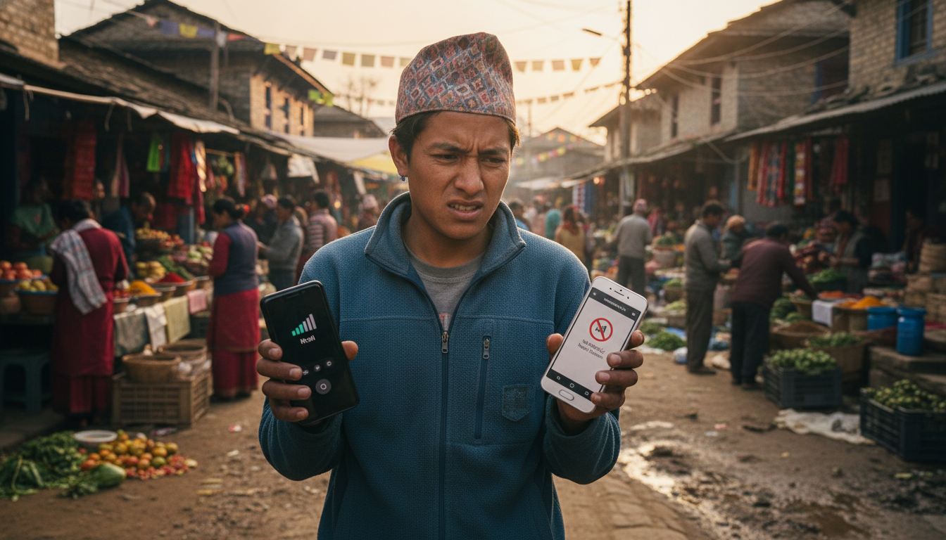 A person in a bustling but slightly rural Nepali market looking frustratedly at two smartphones, each displaying different network signal strengths. One hand holds a phone with good signal, the other has a phone with 'no service'. Show the person trying to choose which phone to use, symbolizing the multi-SIM phenomenon due to unreliable networks.