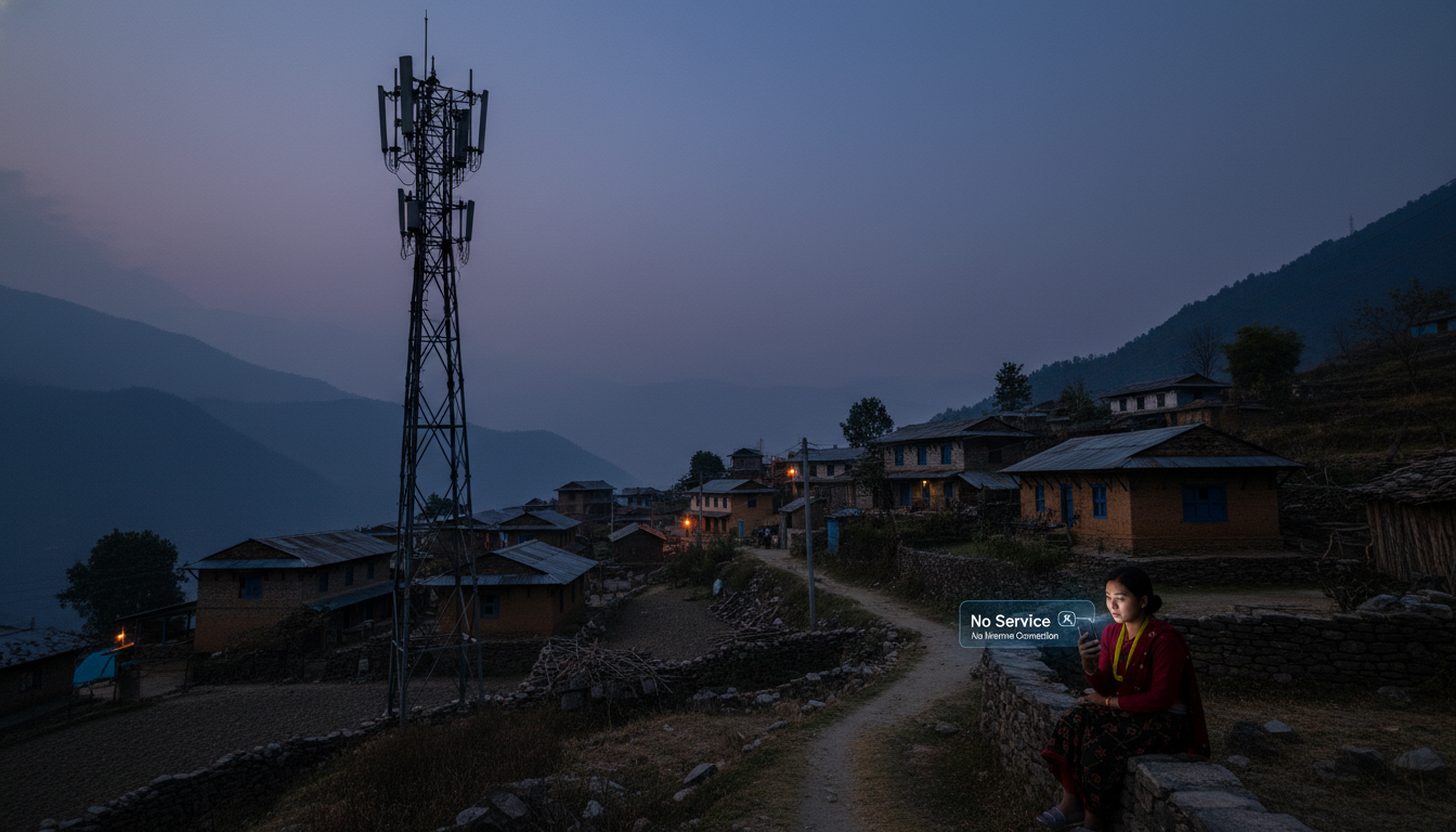 A rural Nepali village at dusk, with a cell tower in the foreground that is completely dark, indicating a power outage. In the background, houses also show flickering lights or darkness. A person tries to use their phone, which displays 'No Service' or 'No Internet Connection'. Emphasize the direct link between power failure and digital disconnect.