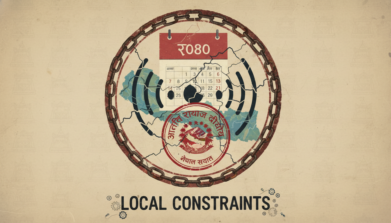 Odoo ERP vs. Nepal: A Strategic Comparison & Analysis 2 A detailed illustration symbolizing the unique challenges of the Nepalese market for ERP software: a calendar displaying Bikram Sambat dates, a stylized official stamp from the Inland Revenue Department (IRD), and a fragmented network signal over a map of Nepal, hinting at varied infrastructure. The overall image should convey 'local constraints'.