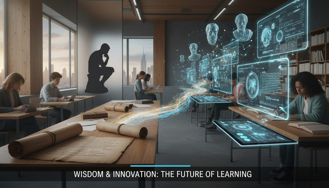 A visually striking image depicting the convergence of classic philosophical elements (e.g., ancient scrolls, a thinking silhouette) with modern educational technology (e.g., tablets, interactive screens, digital data flow) within a classroom or learning environment. Emphasize the harmony and strategic alignment between traditional teaching wisdom and digital innovation. Bright, forward-thinking aesthetic.