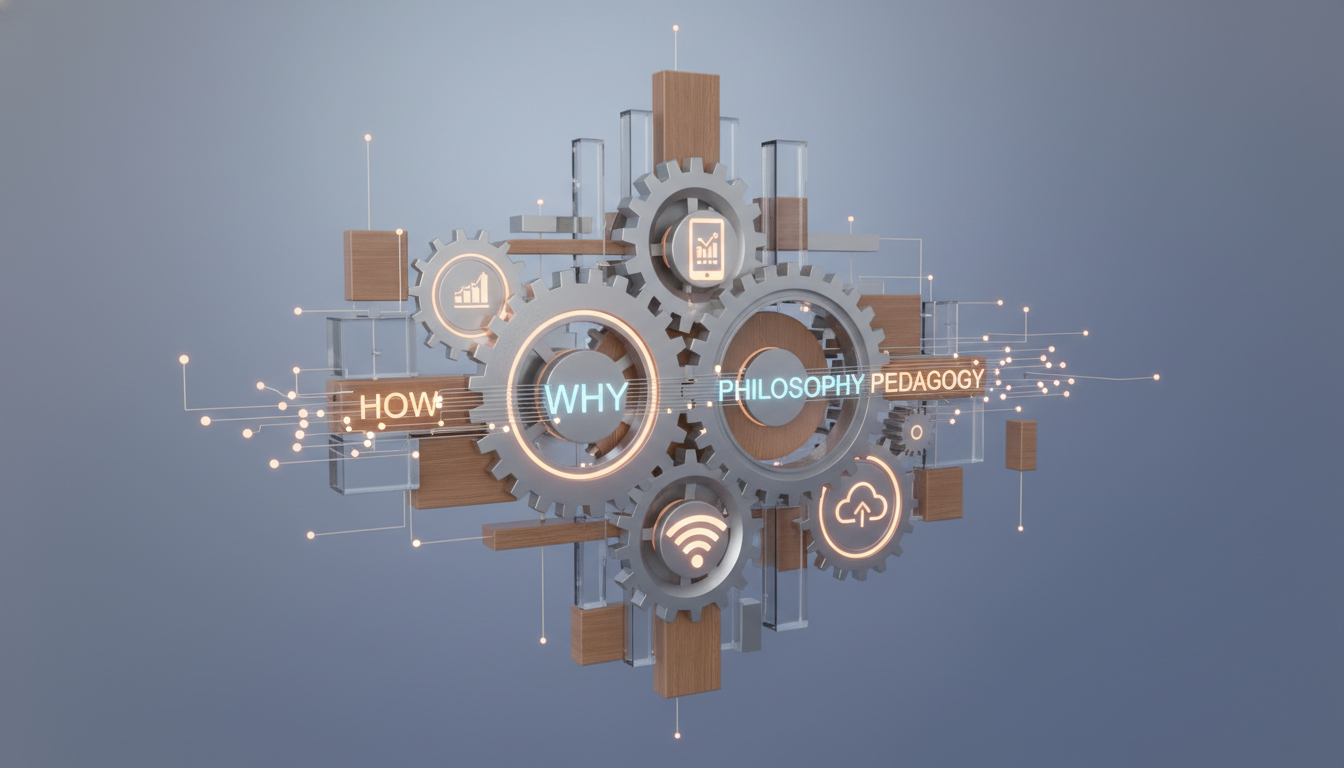 An abstract visualization representing the 'architecture of teaching philosophy' and 'pedagogical knowledge'. Image should show interconnected gears or building blocks, some labeled 'why' (philosophy) and others 'how' (pedagogy), with modern educational technology symbols (e.g., tablet, data streams) subtly integrated, showing a balanced and strategic construction of learning. Clean, thoughtful design.