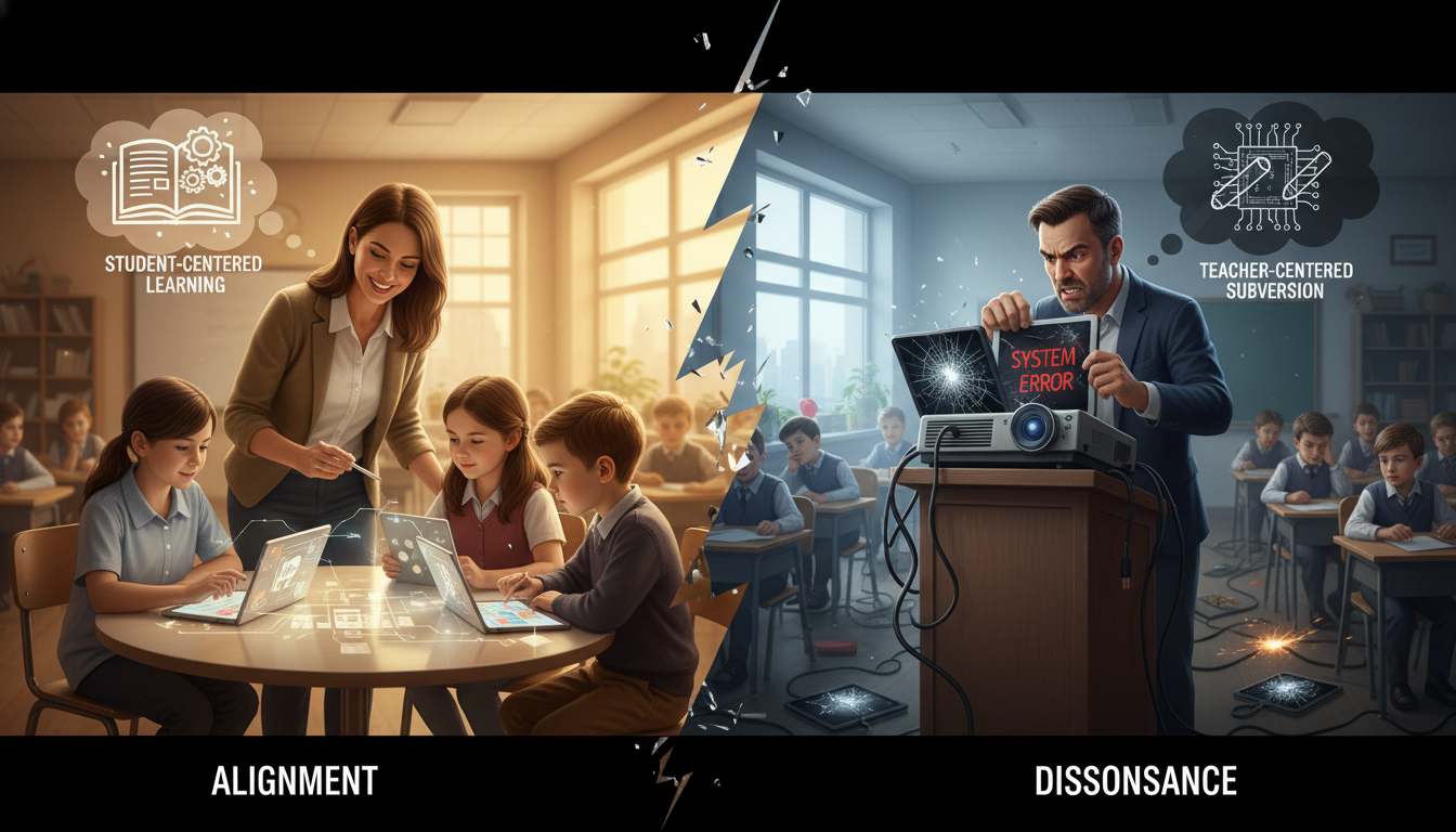 A split image or visual metaphor illustrating 'alignment and dissonance' in educational technology adoption. One side depicts a teacher harmoniously using a tablet with engaged students, representing 'alignment' and 'student-centered' beliefs. The other side shows a frustrated teacher attempting to force a modern device into a traditional, lecture-based setup, representing 'dissonance' and 'teacher-centered' subversion. Subtle imagery of internal (thoughts) vs. external (broken tech) barriers could be included. Dynamic and contrasting.