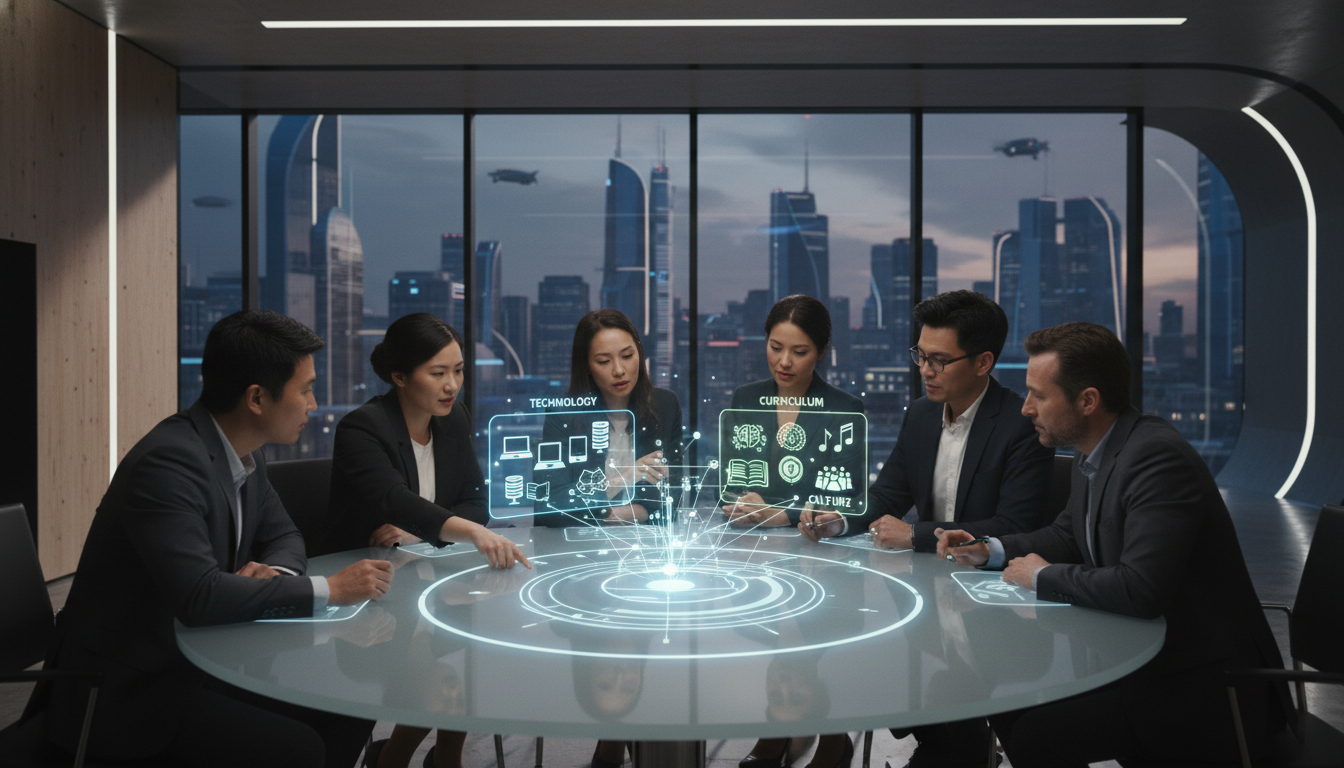 A diverse group of modern school leaders collaborating around a digital projection of a school ecosystem, showing interconnected elements of technology, curriculum, and culture. The image should convey innovation, leadership, and strategic planning, with a futuristic but grounded feel.
