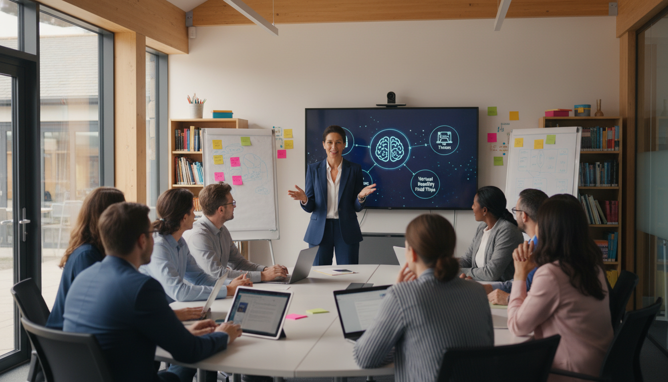 A transformational school leader standing confidently at the front of a classroom or staff room, surrounded by engaged and collaborative teachers. The leader is facilitating a discussion about innovative teaching methods using modern technology, fostering an atmosphere of intellectual stimulation and individualized support. The scene should convey a sense of empowerment, shared vision, and active learning, with digital elements subtly integrated into the background.