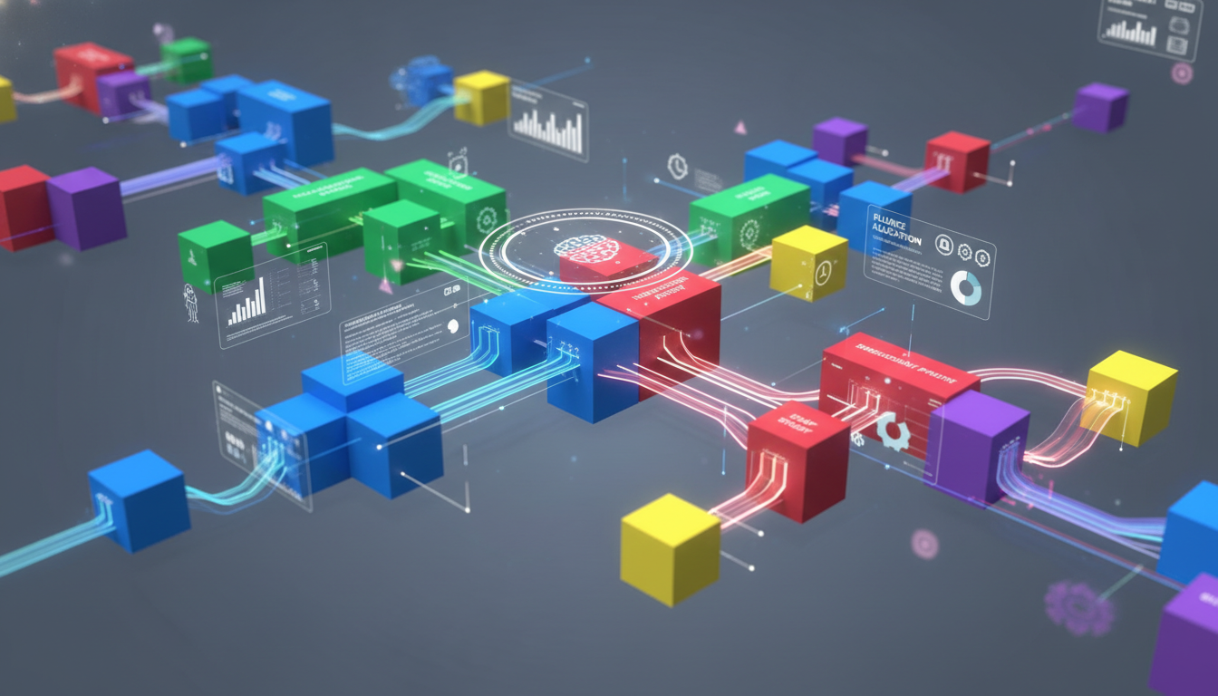 A vibrant, abstract visualization of a flexible school master schedule. Use interlocking, dynamic shapes or a network of interconnected colored blocks representing different time modules (e.g., for classes, collaboration, independent study, enrichment activities). Include subtle digital interface elements to suggest efficient planning and resource allocation. The overall impression should be one of optimized time management, adaptability, and fluid educational pathways, conveying innovation in scheduling.