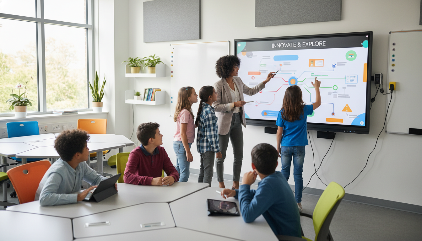 Smart Board Effectiveness: Classroom Impact & Assessment Guide 1 A modern, brightly lit classroom with diverse students actively engaged with a large, vibrant interactive flat panel (IFP). The teacher is facilitating learning, pointing at the screen with a stylus. The image should convey collaboration, innovation, and effective use of educational technology, with a focus on student-teacher interaction around the Smart Board.