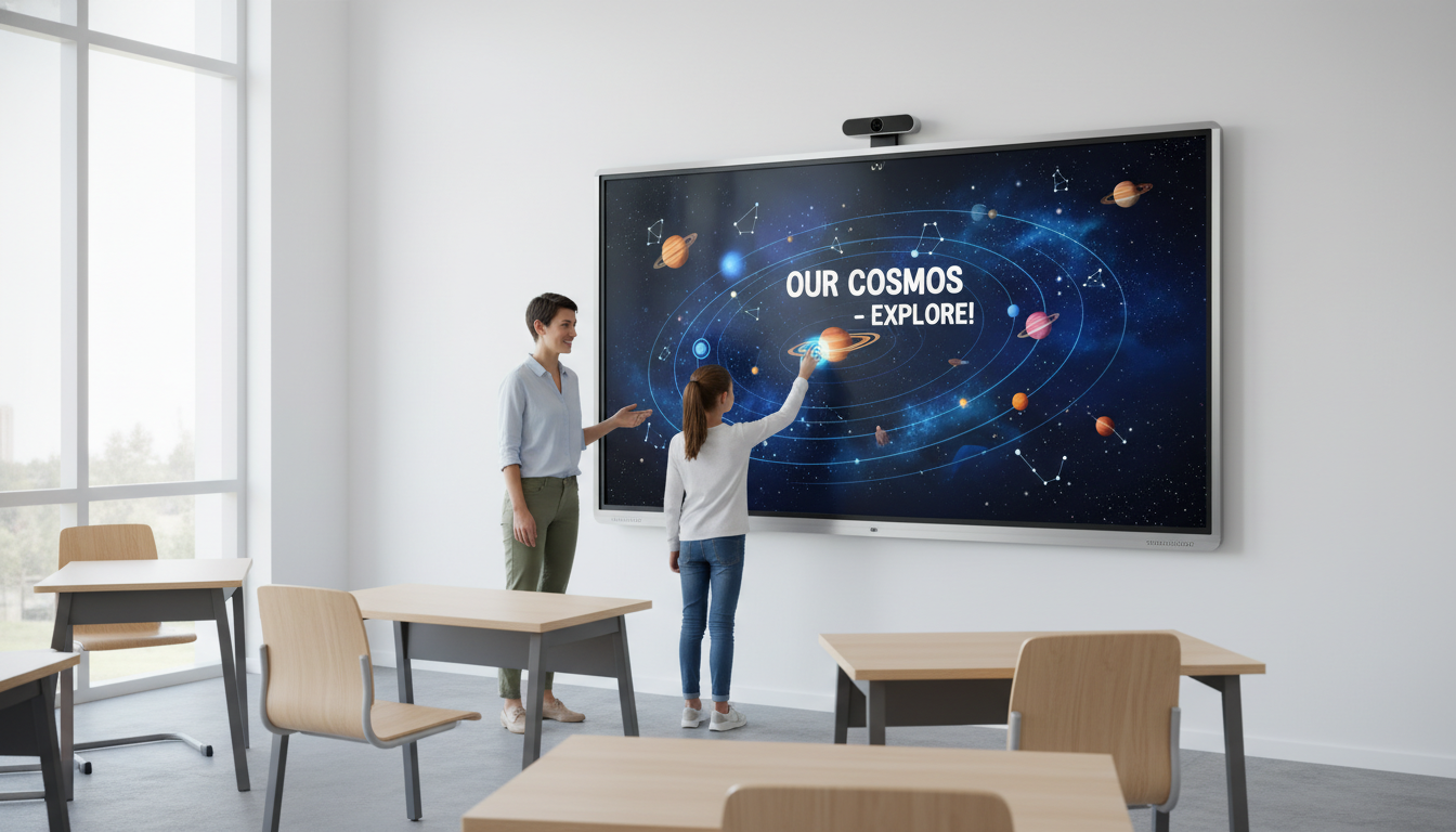 Smart Board Effectiveness: Classroom Impact & Assessment Guide 2 A sleek, large 4K interactive flat panel (IFP) mounted prominently in a modern, brightly lit classroom. The screen displays vibrant educational content. The image emphasizes the panel's high resolution, slim bezel, and multi-touch capabilities, without any shadows or darkened room, highlighting the ease of use and modern aesthetic. Minimal, subtle interaction from a student or teacher could be shown.