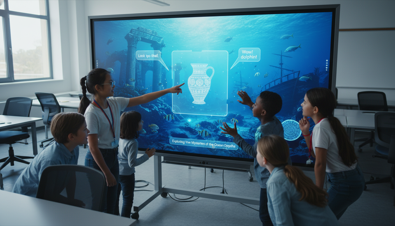 Smart Boards: Immersive Field Trips & Digital Storytelling 1 A group of diverse elementary or middle school students actively engaged around a large, futuristic interactive flat panel (smart board). The smart board displays a vibrant virtual field trip scene, like an ancient ruin or a deep-sea environment. Students are gesturing, collaborating, and perhaps a digital story element (like speech bubbles or narrative text) is subtly integrated onto the screen. Bright, modern classroom setting, dynamic lighting, high-fidelity.