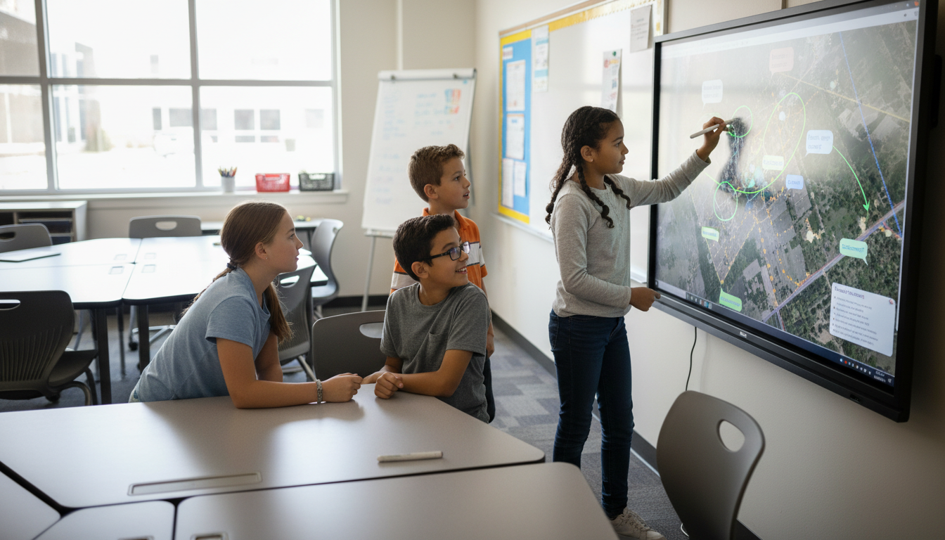 Smart Boards: Immersive Field Trips & Digital Storytelling 2 A small group of diverse middle school students collaborating intently around an interactive flat panel. One student is using a digital pen to annotate a map displayed on the smart board, while another gestures towards a specific point. The smart board shows a detailed satellite map with digital annotations and notes, indicating active "visible thinking" and problem-solving. Bright, modern classroom with collaborative furniture, high-fidelity.