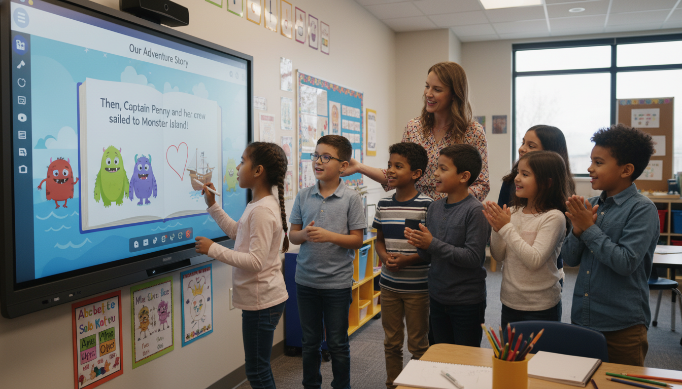 Smart Boards: Immersive Field Trips & Digital Storytelling 3 A diverse group of elementary students and a teacher gathered around a large interactive flat panel (smart board). The smart board displays a 'Book Creator' interface, showing an open digital storybook page with illustrations and text. One student is drawing on the screen with their finger or a stylus, adding to the collaborative story. The teacher is facilitating, and other students are eagerly watching or contributing verbally. Bright, colorful classroom, focus on creativity and digital literacy, high-fidelity.