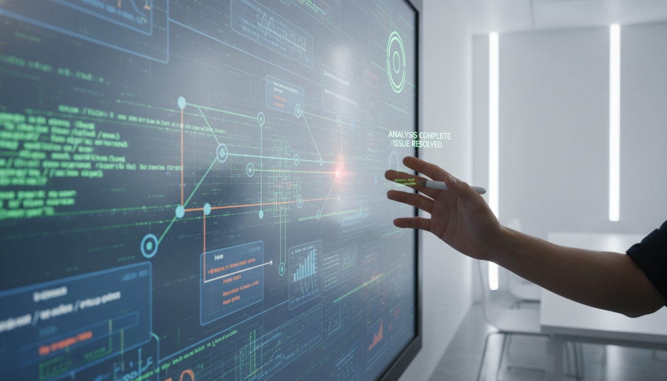 SMART Board Troubleshooting Guide: Expert Fixes & Diagnostics 2 A close-up shot of a hand interacting with a SMART Board, displaying diagnostic information or a technical diagram on the screen. The image should convey problem-solving and expertise, possibly with a subtle overlay of digital code or circuit patterns. Include a glowing status light indicating a fix or analysis. Modern and clean aesthetic.