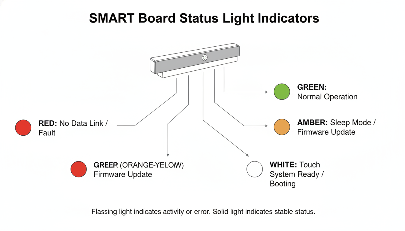SMART Board Troubleshooting Guide: Expert Fixes & Diagnostics 3 A technical drawing or infographic illustrating the different status light indicators on a SMART Board, showing various colors (red, green, amber, white) and their corresponding meanings (e.g., 'no data link', 'normal operation', 'sleep mode'). The visual should be clean, modern, and easily understandable, suitable for a technical troubleshooting guide.