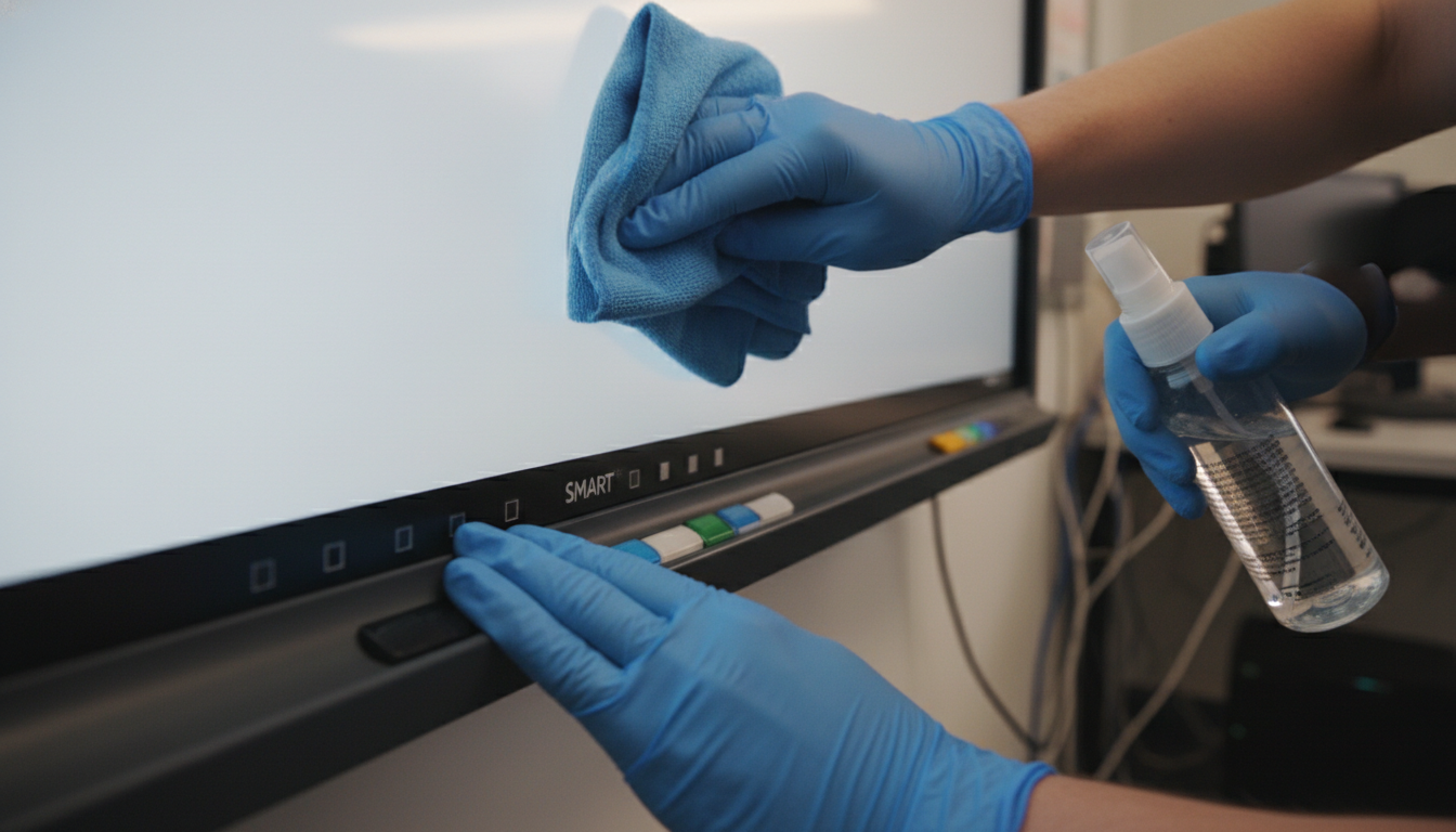 SMART Board Troubleshooting Guide: Expert Fixes & Diagnostics 4 A close-up shot of a technician carefully cleaning the bezel and optical sensors of a SMART Board with a lint-free microfiber cloth and a specialized cleaning solution. The image should emphasize precision and care, highlighting the delicate nature of the optical sensors and reflective tape, set in a professional environment.