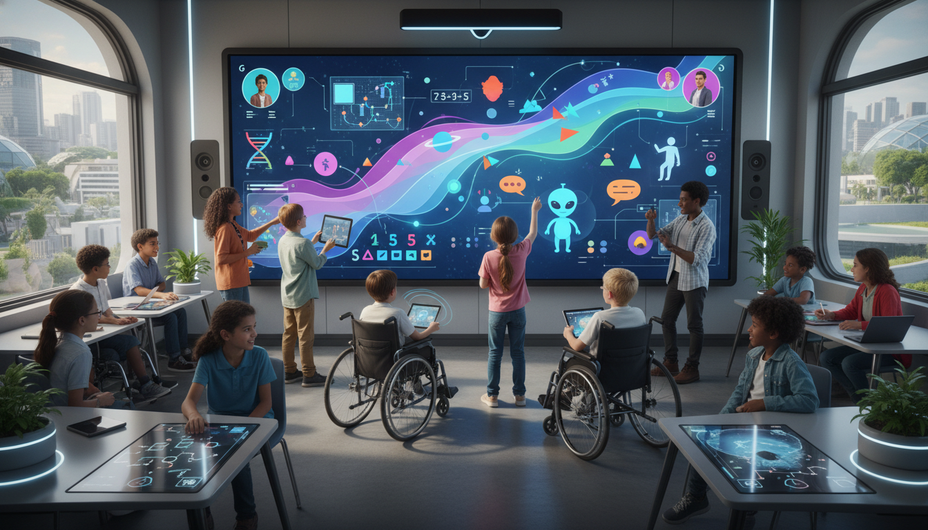 Smart Boards for Personalized Learning: Enhance Education 2 A diverse group of students of various ages and abilities actively engaging with a large, modern interactive flat panel (smart board) in a bright, futuristic classroom. The smart board displays vibrant, adaptive educational content, showing children interacting with virtual manipulatives and collaborative tasks. Emphasize personalized learning, inclusion, and the seamless integration of technology in a student-centered environment.