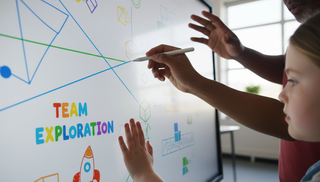 Smart Boards for Personalized Learning: Enhance Education 3 Close-up of diverse student hands (different ages, skin tones) simultaneously interacting with a large, ultra-high-definition interactive flat panel. One hand is writing with a stylus, another is gesturing to select, and a child's palm is resting naturally on the screen with palm rejection technology active. Focus on the seamless, natural interaction and the clarity of the vibrant digital content being displayed, perhaps showing mathematical manipulatives or a collaborative drawing in a brightly lit modern classroom.
