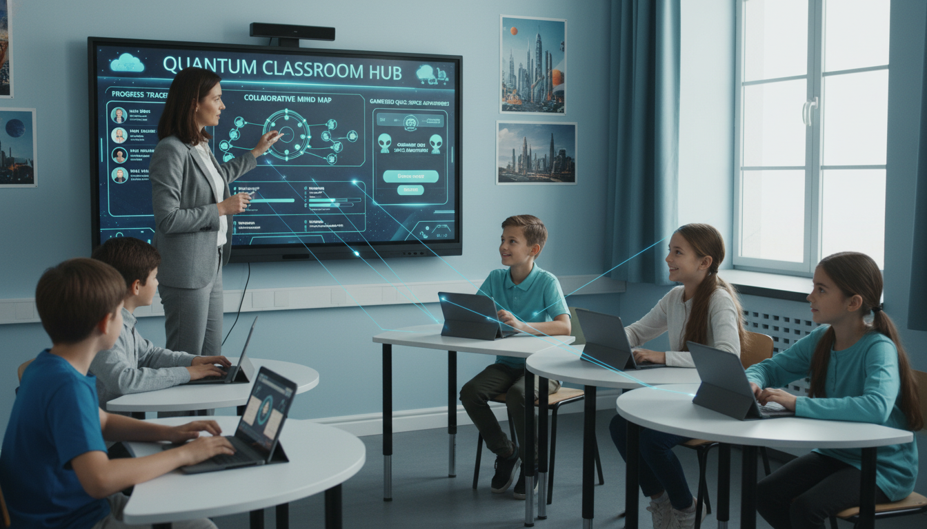 Smart Boards for Personalized Learning: Enhance Education 4 A teacher stands next to an interactive flat panel, engaging with students who are using individual tablets or laptops. The smart board screen displays a dynamic, cloud-based learning platform dashboard, showing various student progress tracks or interactive activities like a gamified quiz or a collaborative mind map. The scene emphasizes seamless digital integration between the main smart board and student devices, highlighting personalized learning pathways and real-time assessment in a modern classroom setting.